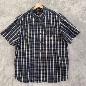 *Carhartt 2XL Loose Fit Plaid Shirt Mens Blue Black White Short Sleeve -READ
